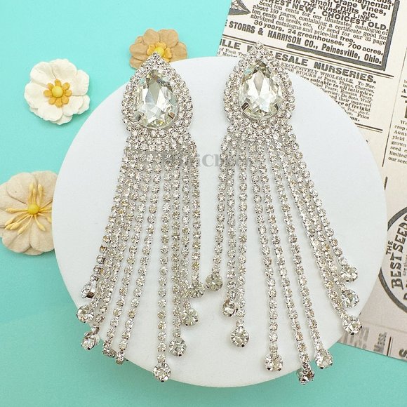 Silver Tone Rhinestone Pear Shape Button Fringe Drop Earrings - Picture 1 of 5